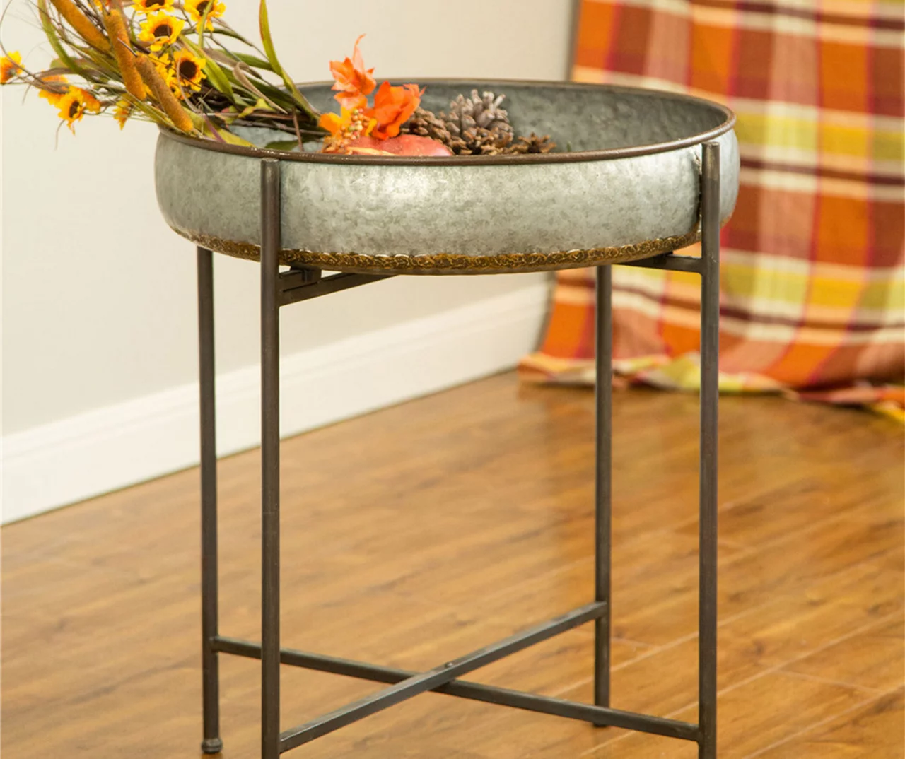 25" Farmhouse Shallow Galvanized Metal Shelf With Folding Stand 4 25" Farmhouse Shallow Galvanized Metal Shelf With Folding Stand - Image 2