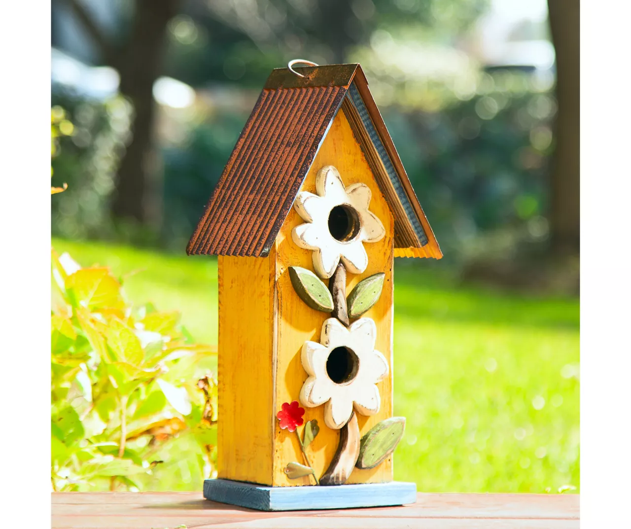 Yellow 2-Tier Flower Wood & Metal Birdhouse 8 Yellow 2-Tier Flower Wood & Metal Birdhouse - Image 6