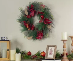 24" Green & Red Pine Berry Harvest Wreath -Garden Furniture Store 810590290 1
