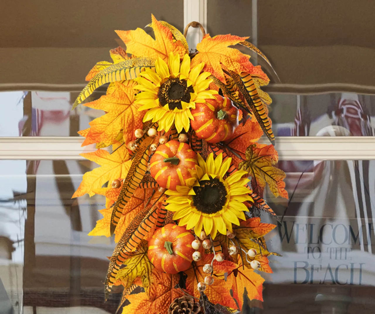 26" Sunflower, Pumpkin & Leaf Teardrop Wreath 5 26" Sunflower, Pumpkin & Leaf Teardrop Wreath - Image 3