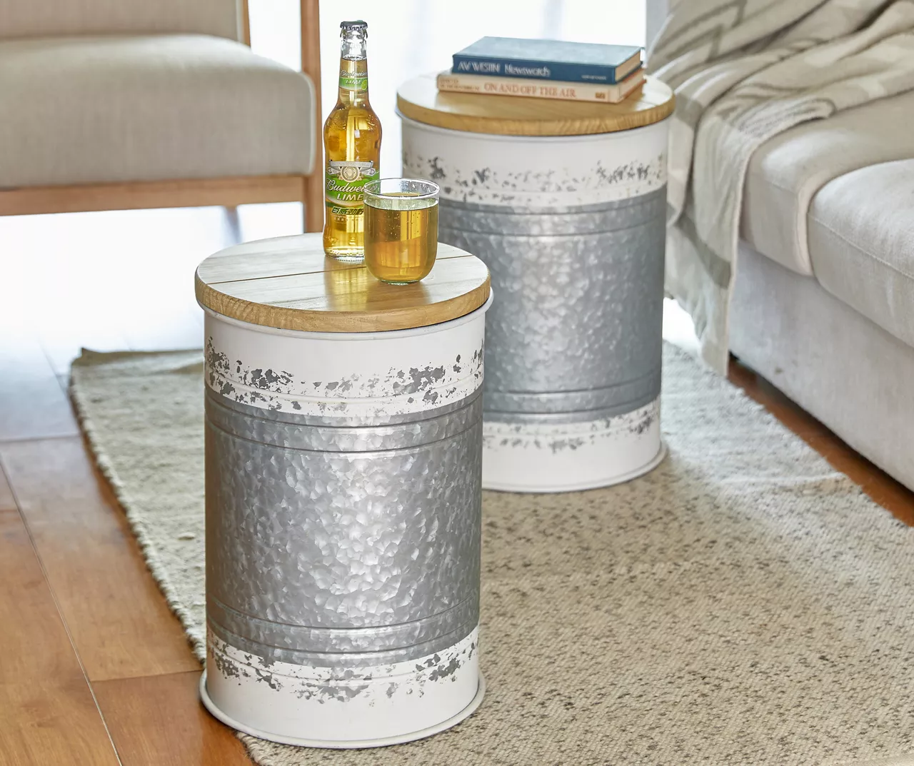 Galvanized Steel & White 2-Piece Metal Storage Stool Set 5 Galvanized Steel & White 2-Piece Metal Storage Stool Set - Image 3