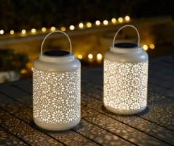 White Flower Cut-Out Metal LED Solar Lanterns, 2-Pack -Garden Furniture Store 810607499 A0 3
