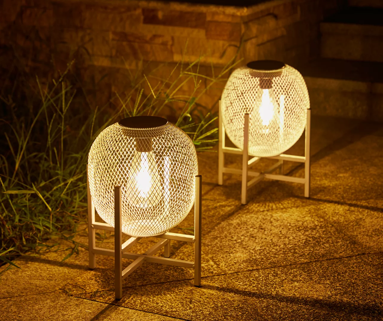 11.5" White Mesh Metal LED Solar Lanterns, 2-Pack 4 11.5" White Mesh Metal LED Solar Lanterns, 2-Pack - Image 2